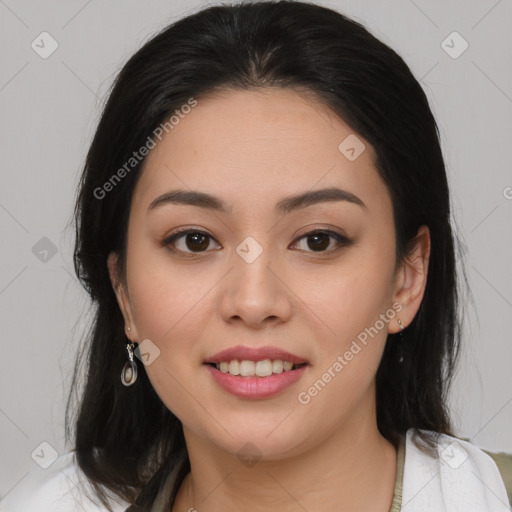 Joyful asian young-adult female with medium  brown hair and brown eyes