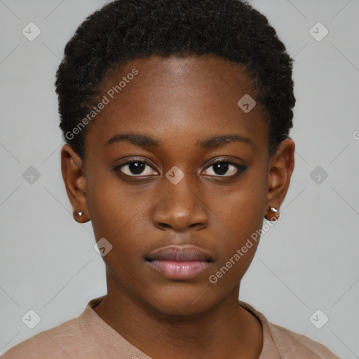 Neutral black young-adult female with short  brown hair and brown eyes