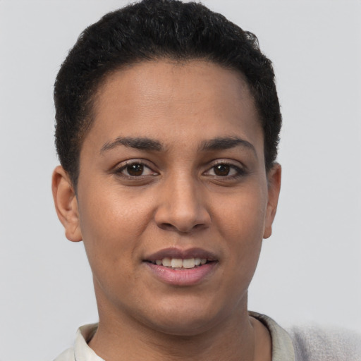 Joyful white young-adult female with short  brown hair and brown eyes