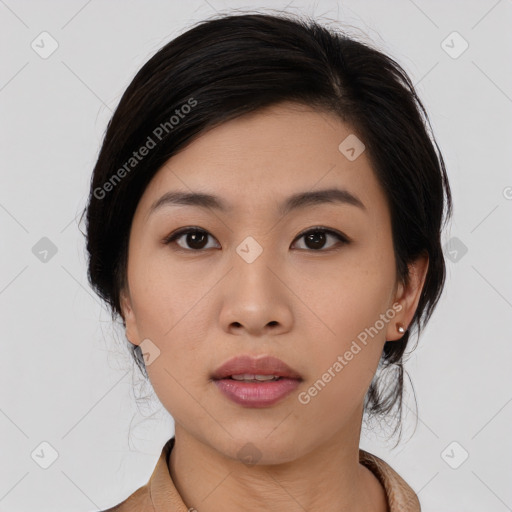 Neutral asian young-adult female with medium  black hair and brown eyes