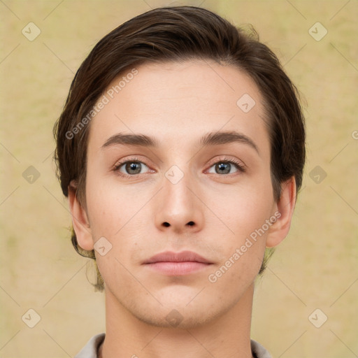 Neutral white young-adult female with short  brown hair and grey eyes