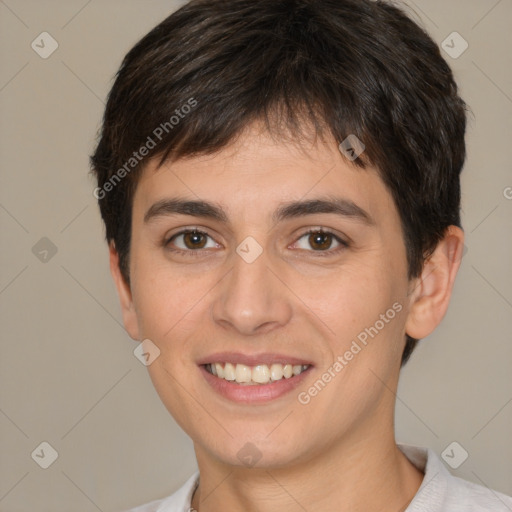 Joyful white young-adult female with short  brown hair and brown eyes