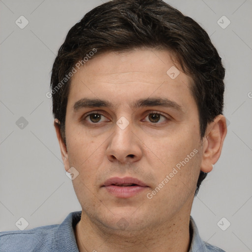 Neutral white young-adult male with short  brown hair and brown eyes