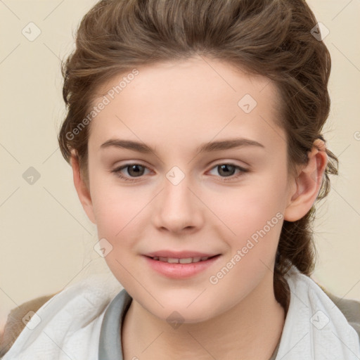 Joyful white child female with medium  brown hair and brown eyes