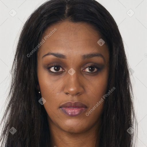 Joyful asian young-adult female with long  brown hair and brown eyes