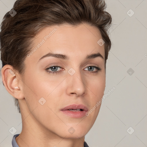 Neutral white young-adult female with short  brown hair and brown eyes