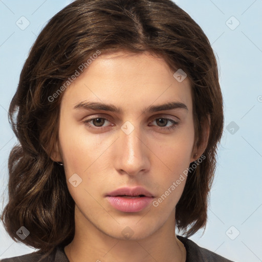 Neutral white young-adult female with medium  brown hair and brown eyes