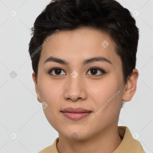 Joyful white young-adult female with short  brown hair and brown eyes