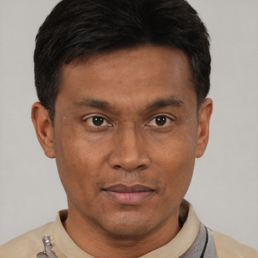 Neutral latino adult male with short  brown hair and brown eyes