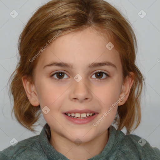 Joyful white child female with medium  brown hair and brown eyes