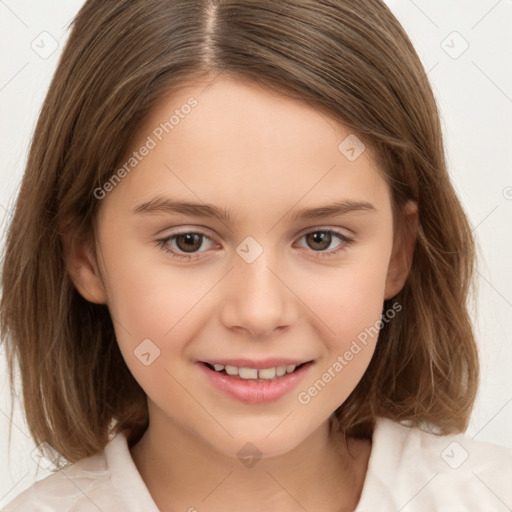 Joyful white child female with medium  brown hair and brown eyes