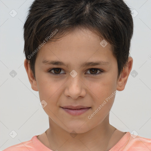 Joyful white child female with short  brown hair and brown eyes