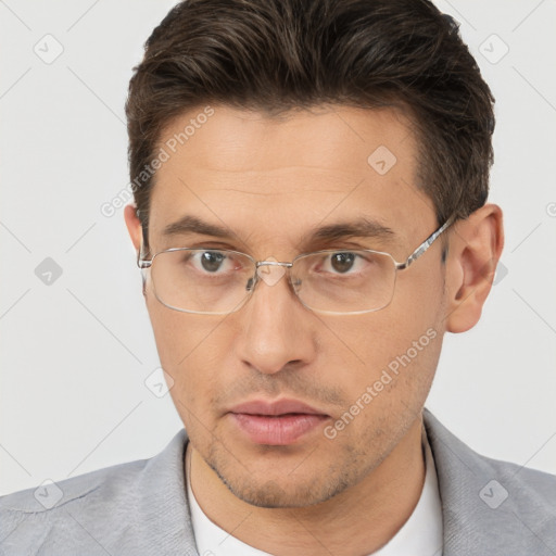 Neutral white adult male with short  brown hair and brown eyes