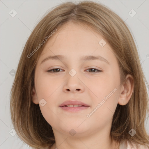 Joyful white child female with medium  brown hair and brown eyes