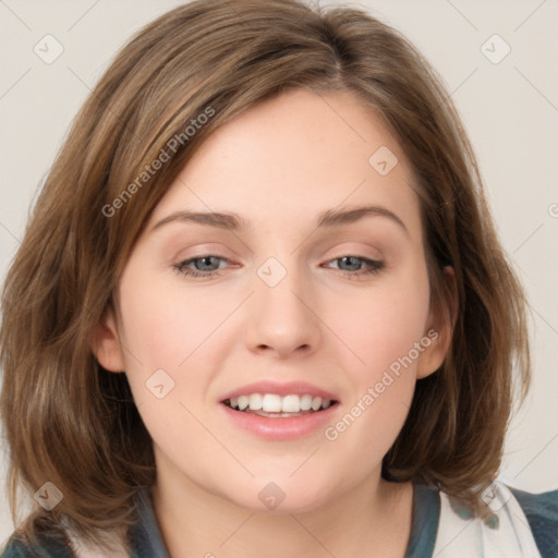 Joyful white young-adult female with medium  brown hair and blue eyes