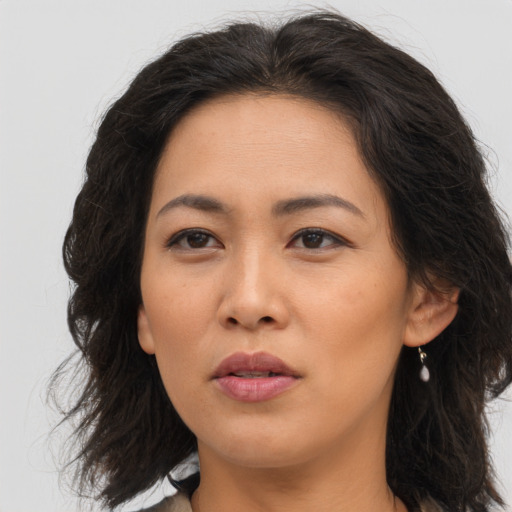 Neutral asian young-adult female with long  brown hair and brown eyes