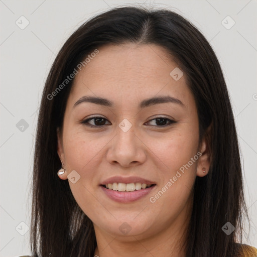 Joyful asian young-adult female with long  brown hair and brown eyes