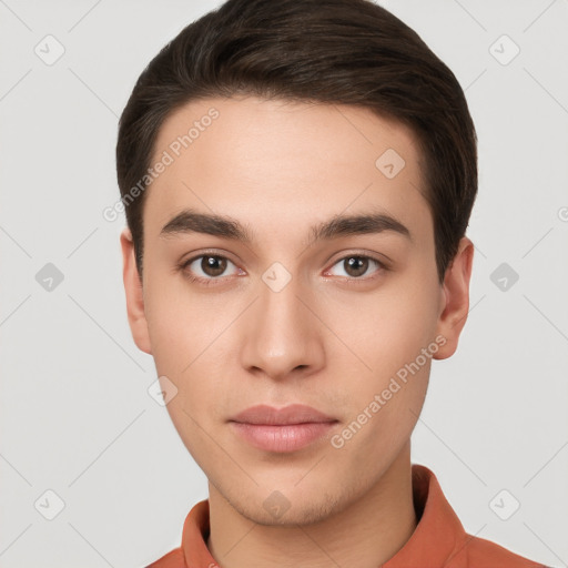 Neutral white young-adult male with short  brown hair and brown eyes