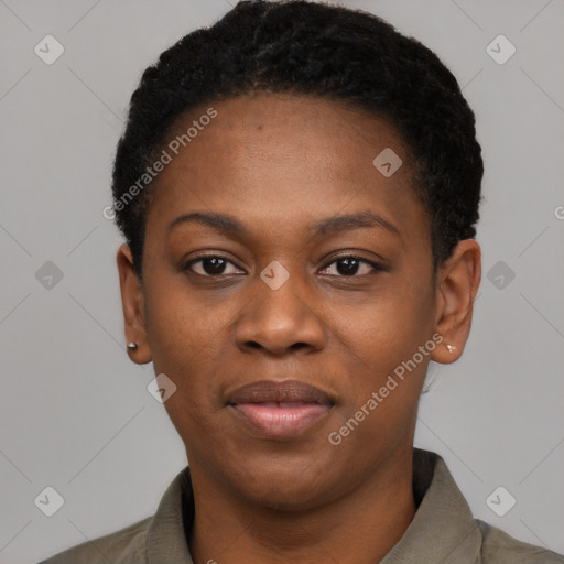 Joyful black young-adult female with short  black hair and brown eyes