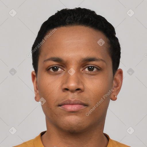 Neutral black young-adult male with short  black hair and brown eyes
