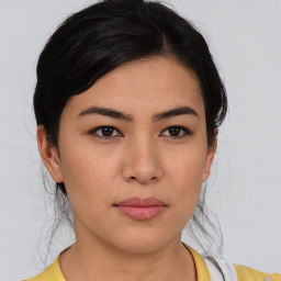 Neutral asian young-adult female with medium  brown hair and brown eyes