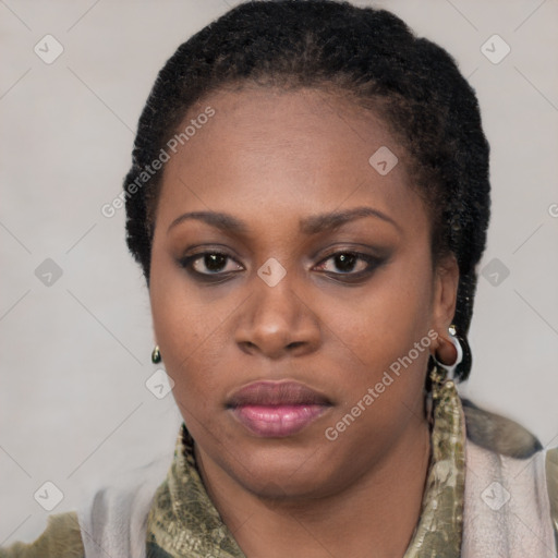 Neutral black young-adult female with short  black hair and brown eyes