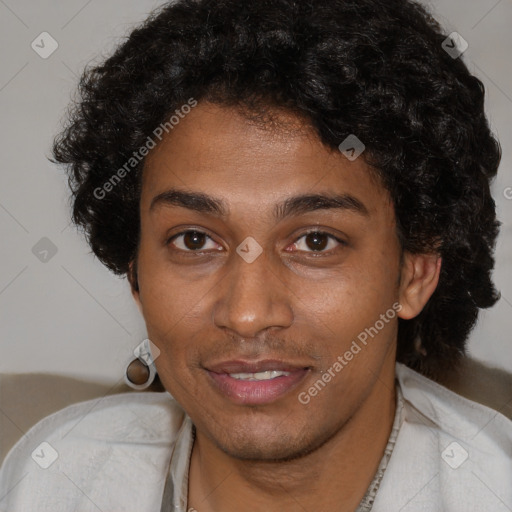 Joyful black young-adult male with short  brown hair and brown eyes