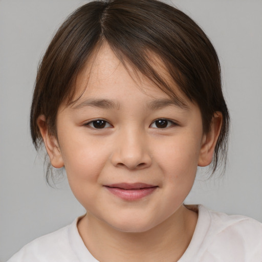 Joyful white child female with medium  brown hair and brown eyes