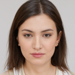 Neutral white young-adult female with medium  brown hair and brown eyes