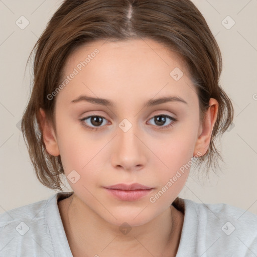 Neutral white young-adult female with medium  brown hair and brown eyes