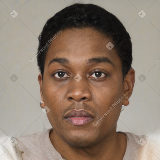 Neutral black young-adult male with short  black hair and brown eyes