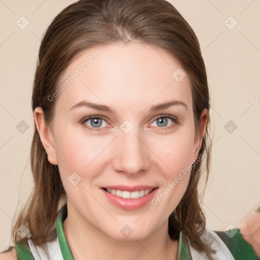 Joyful white young-adult female with medium  brown hair and blue eyes