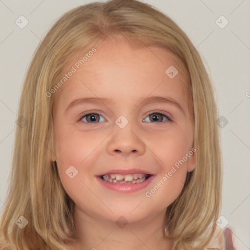 Joyful white child female with medium  brown hair and brown eyes