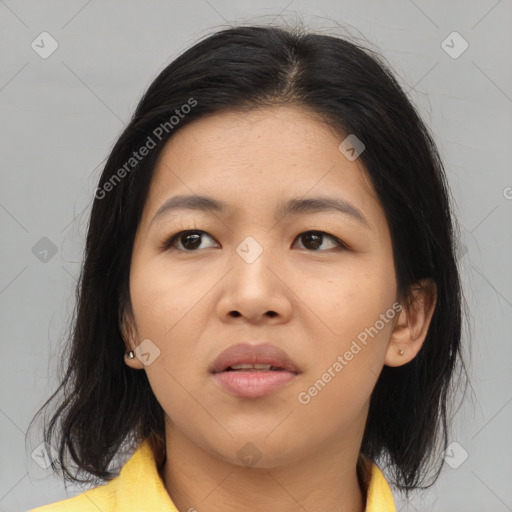 Neutral asian young-adult female with medium  brown hair and brown eyes