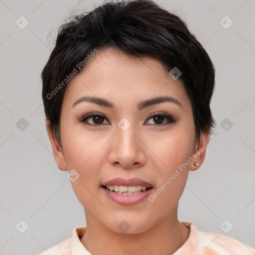 Joyful asian young-adult female with short  brown hair and brown eyes