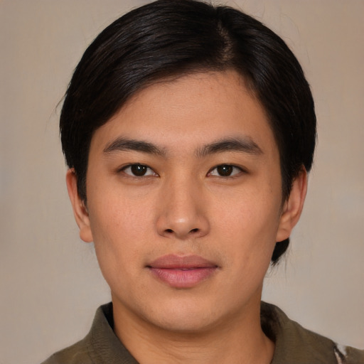 Neutral asian young-adult male with short  black hair and brown eyes