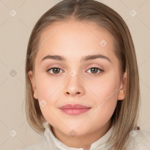 Neutral white young-adult female with medium  brown hair and brown eyes