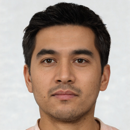 Neutral asian young-adult male with short  black hair and brown eyes