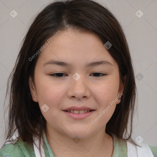 Joyful white child female with medium  brown hair and brown eyes