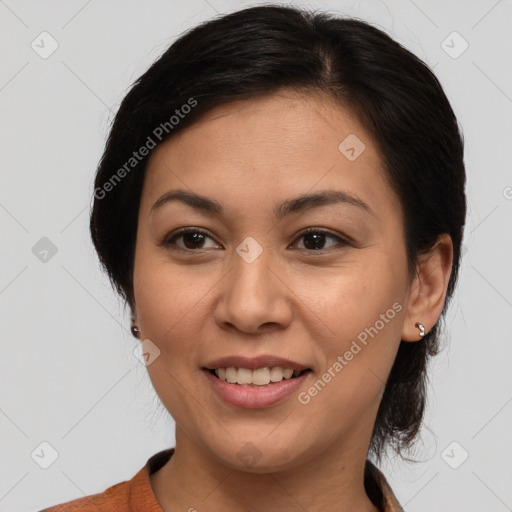 Joyful white young-adult female with medium  brown hair and brown eyes