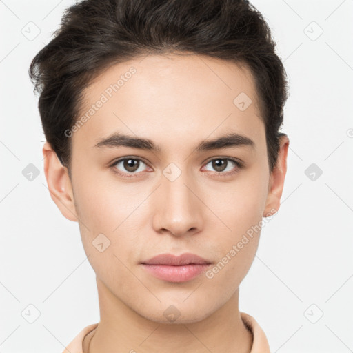 Neutral white young-adult male with short  brown hair and brown eyes