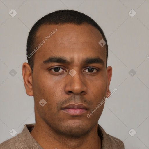 Neutral latino young-adult male with short  brown hair and brown eyes