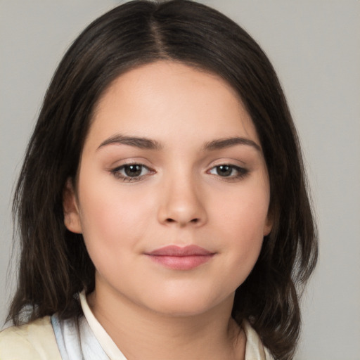 Neutral white young-adult female with medium  brown hair and brown eyes