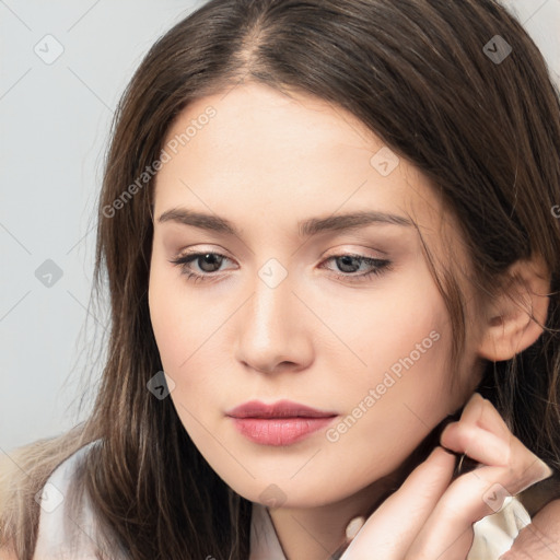 Neutral white young-adult female with long  brown hair and brown eyes