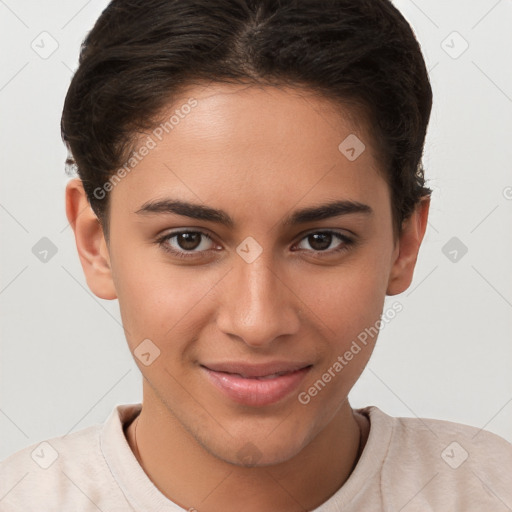 Joyful white young-adult female with short  brown hair and brown eyes