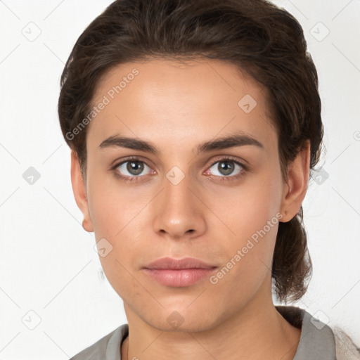 Neutral white young-adult female with short  brown hair and brown eyes