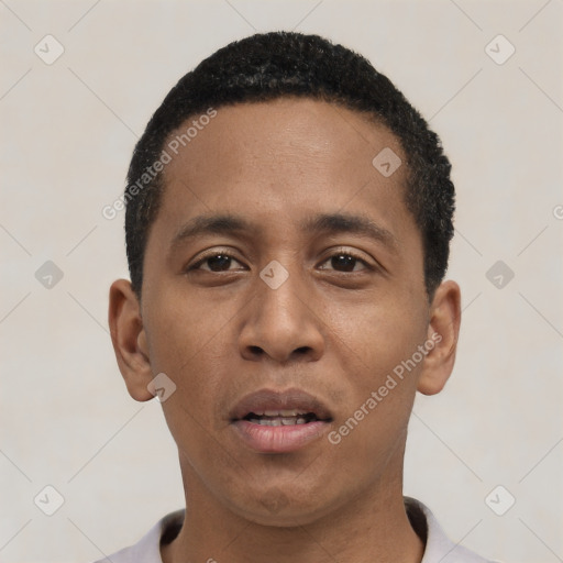 Neutral black young-adult male with short  black hair and brown eyes