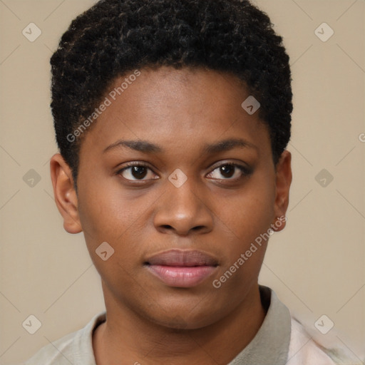 Neutral black young-adult female with short  brown hair and brown eyes