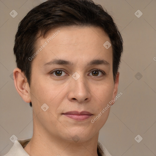 Joyful white young-adult female with short  brown hair and brown eyes