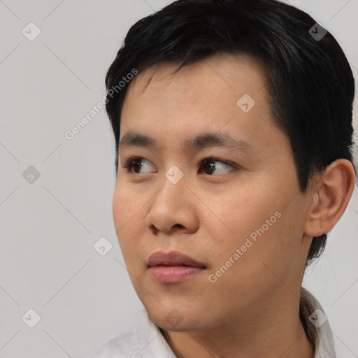 Neutral asian young-adult male with short  black hair and brown eyes